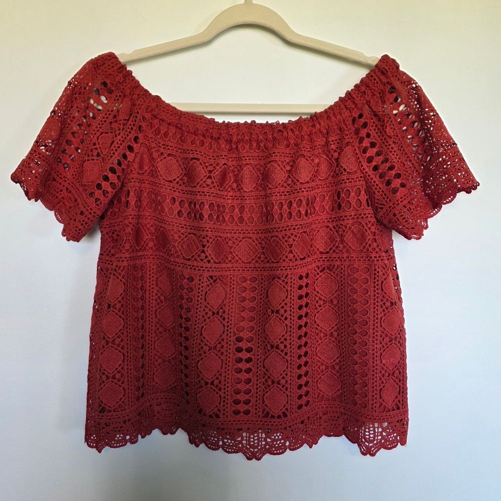 Sunday in Brooklyn Rust Red Crochet Lace Off Shoulder Anthropologie Small Boho